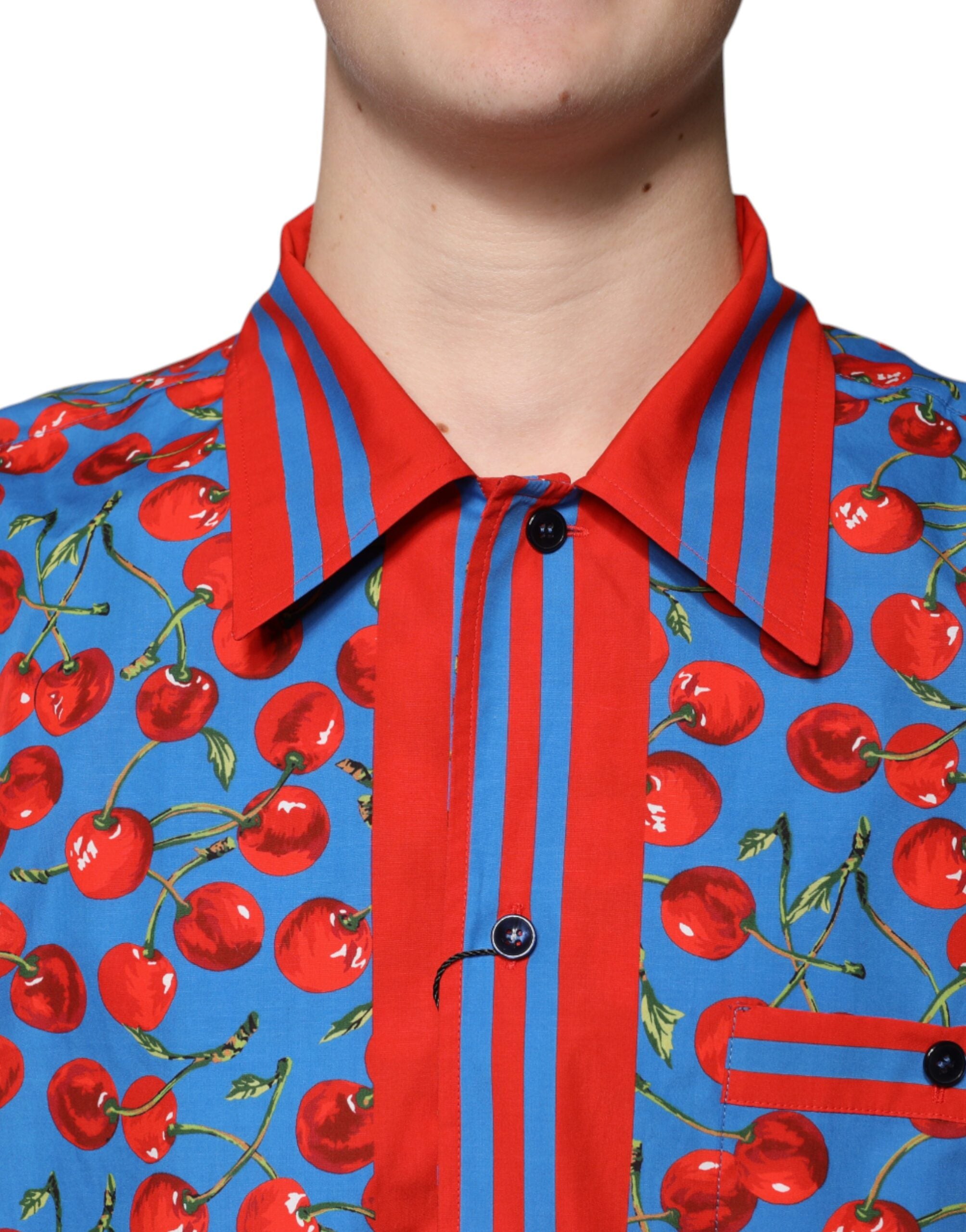 Dolce & Gabbana Blue Cherry Cotton Button-Down Casual Shirt